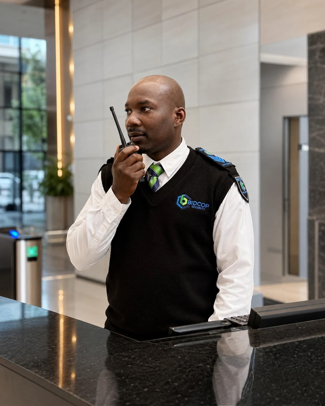 BidCop Security officer managing access at a commercial reception desk
