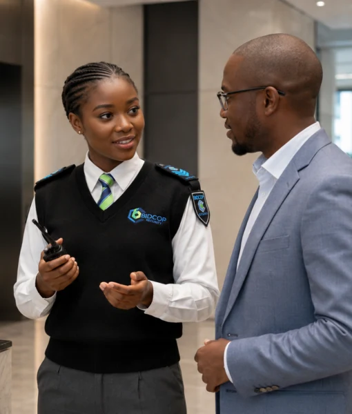 BidCop Security officer assisting a client in a corporate lobby