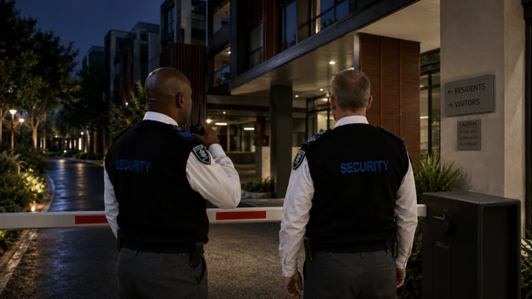 BidCop Security officers monitoring a gated residential entrance