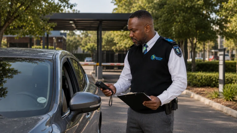 BidCop Security officer checking a vehicle at a controlled business park entrance