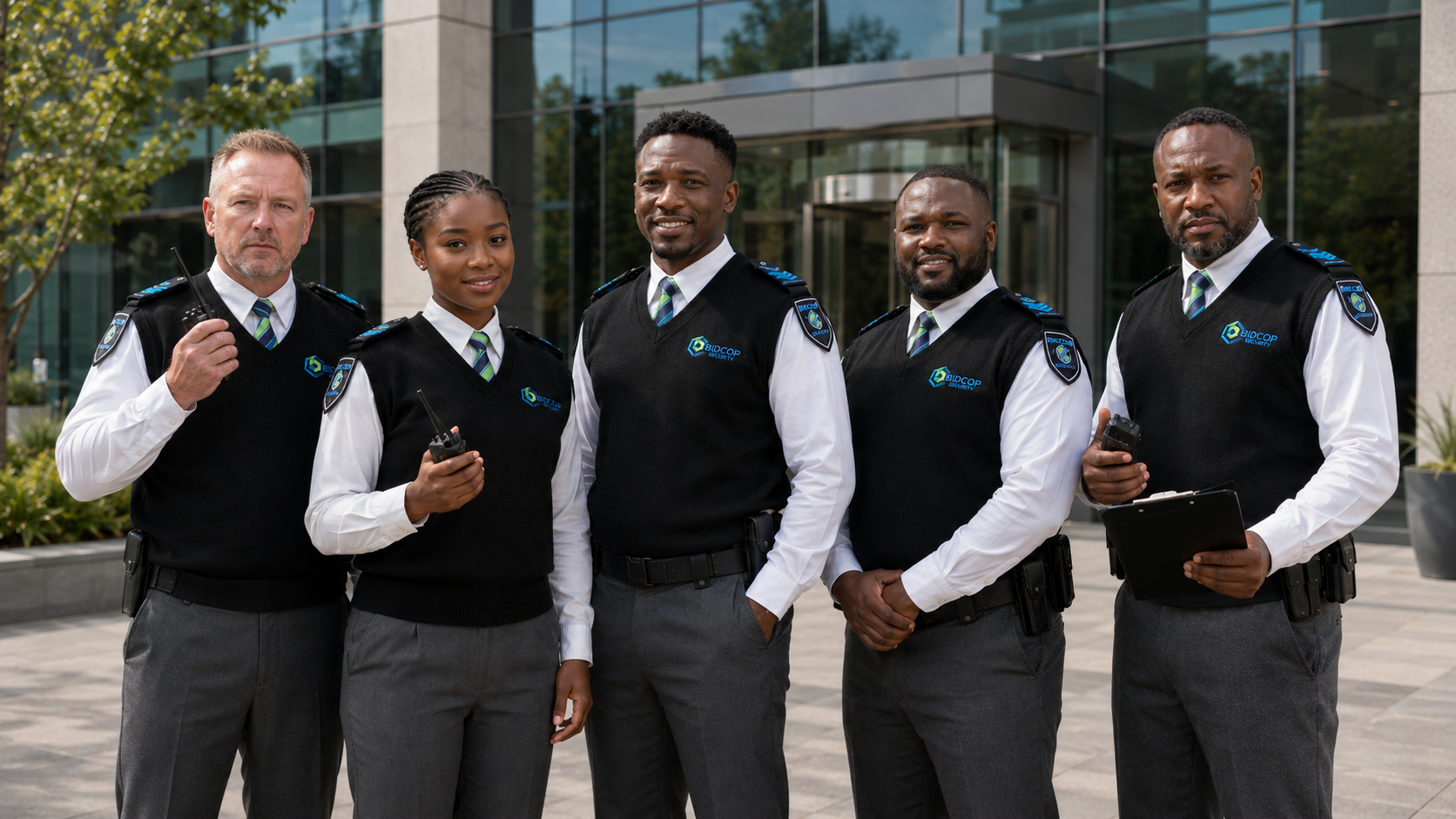 BidCop Security officers outside a commercial building
