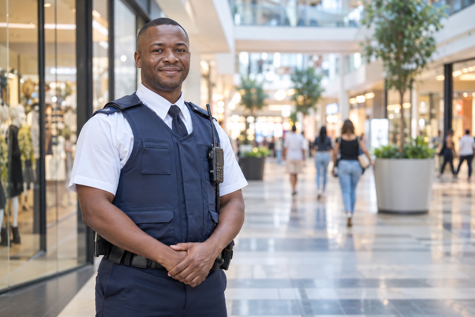 Security officer inside a modern shopping centre