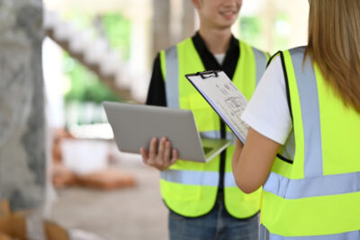 Two architects wearing uniform and safety helmet inspecting indu